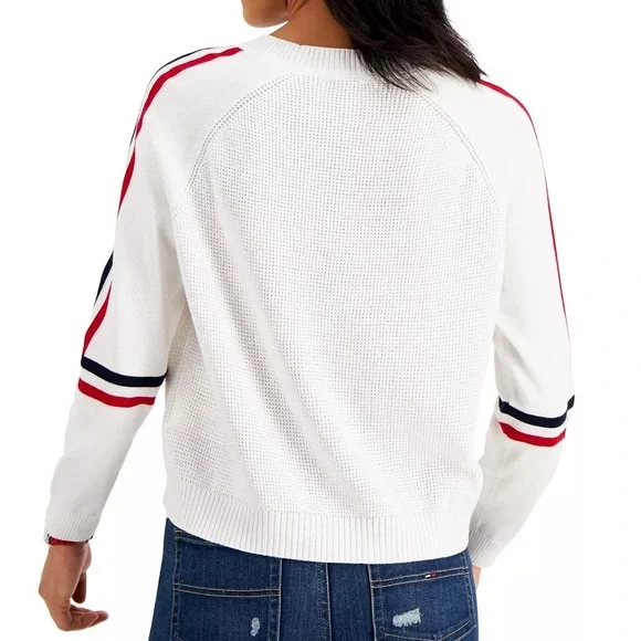 Tommy Flag Patch Sweater White Lightweight Women’s Medium USA Americana Classic - Picture 2 of 9